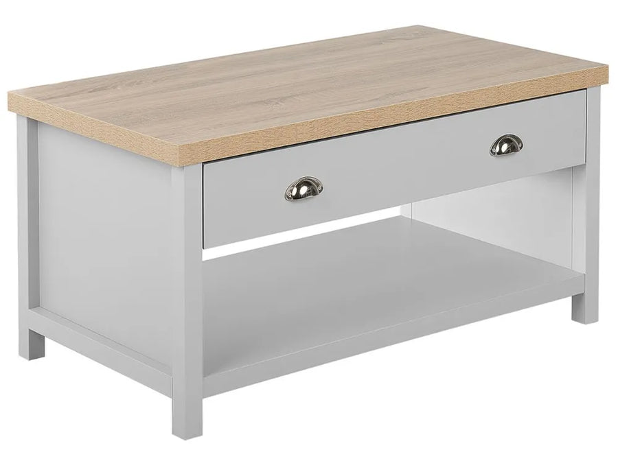 Coffee table with wooden top and gray base on a white background