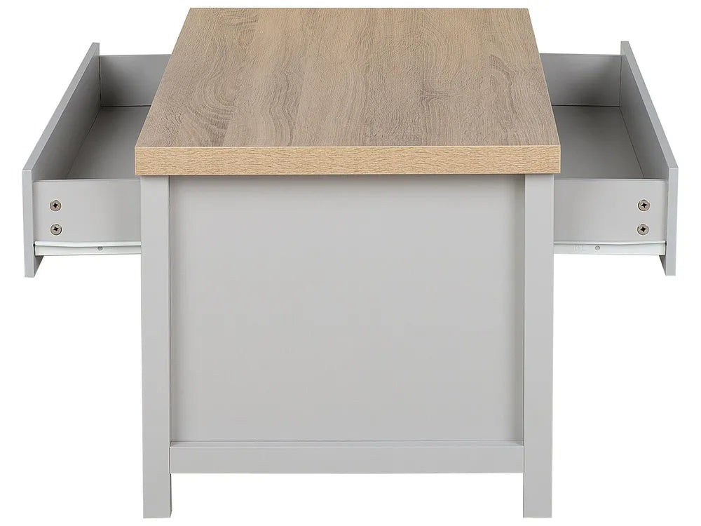 Gray desk with a wooden top on a white background