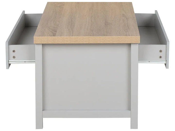 Gray desk with a wooden top on a white background