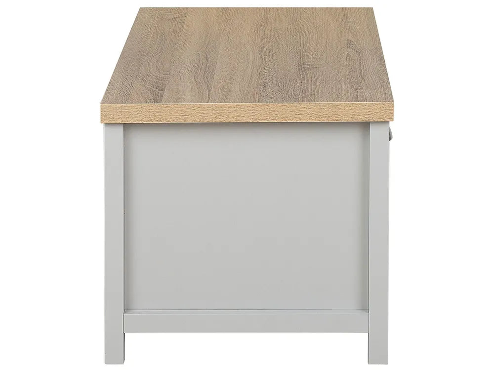 Gray cabinet with a wooden top on a white background