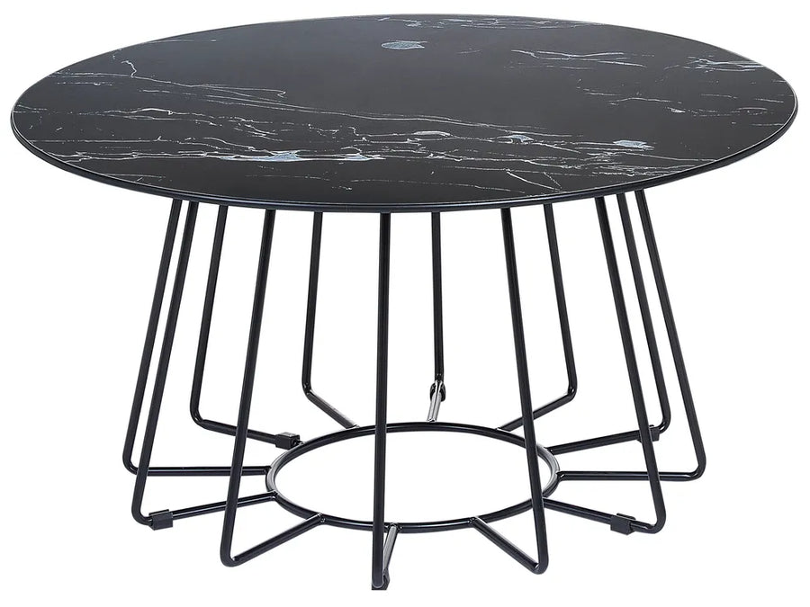 Round black marble table with metal base on a white background