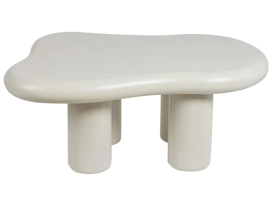Modern white table with four cylindrical legs on a white background