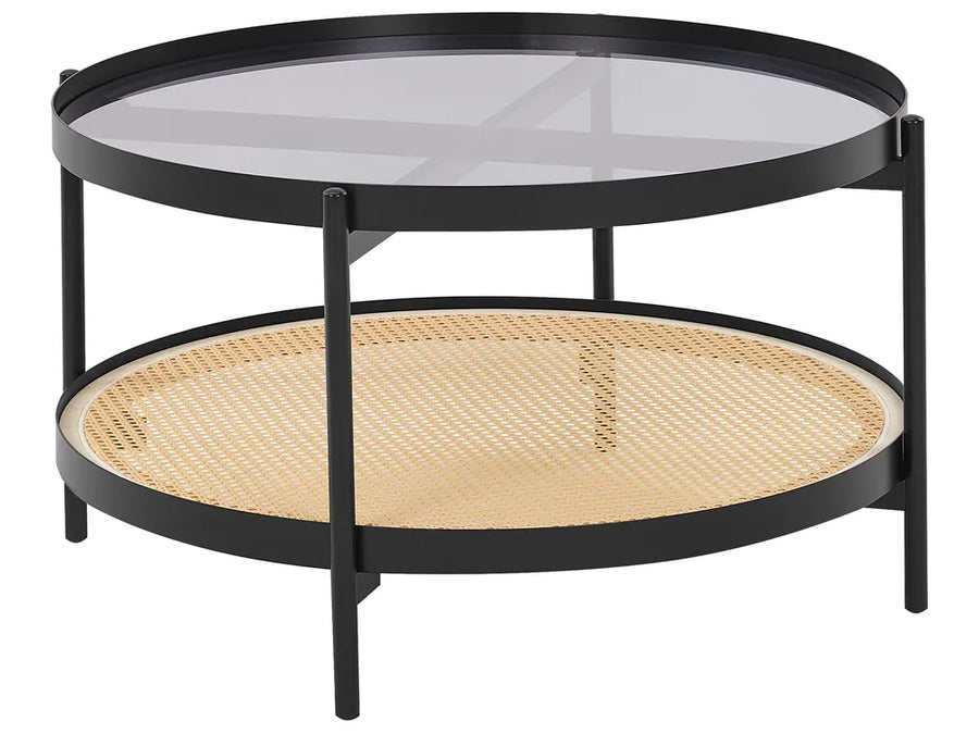 Round coffee table with glass top and wicker bottom on a white background