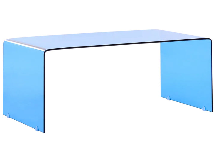 Clear glass coffee table with blue acrylic sides on a white background