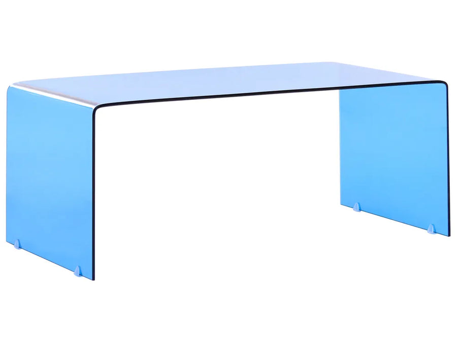 Clear glass coffee table with blue acrylic sides on a white background