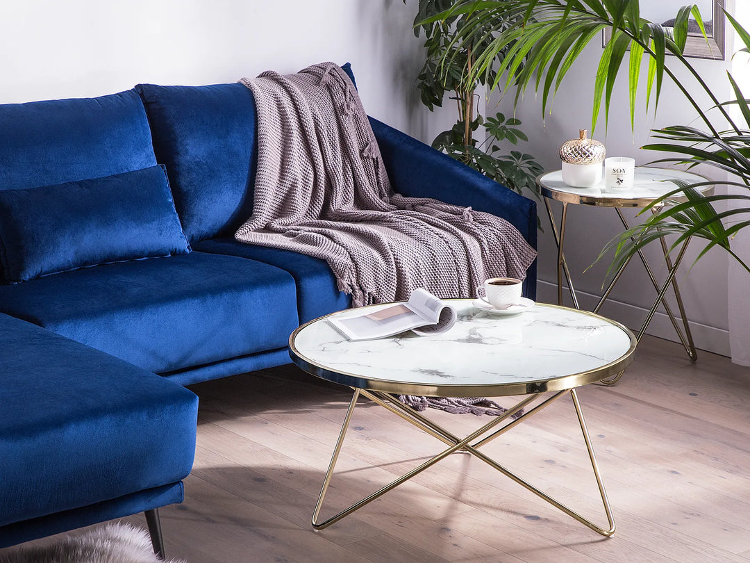 Blue sofa with a blanket in a living room setting with a coffee table and plants.