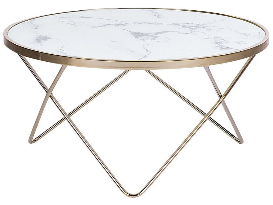 Round marble coffee table with gold metal legs on a white background