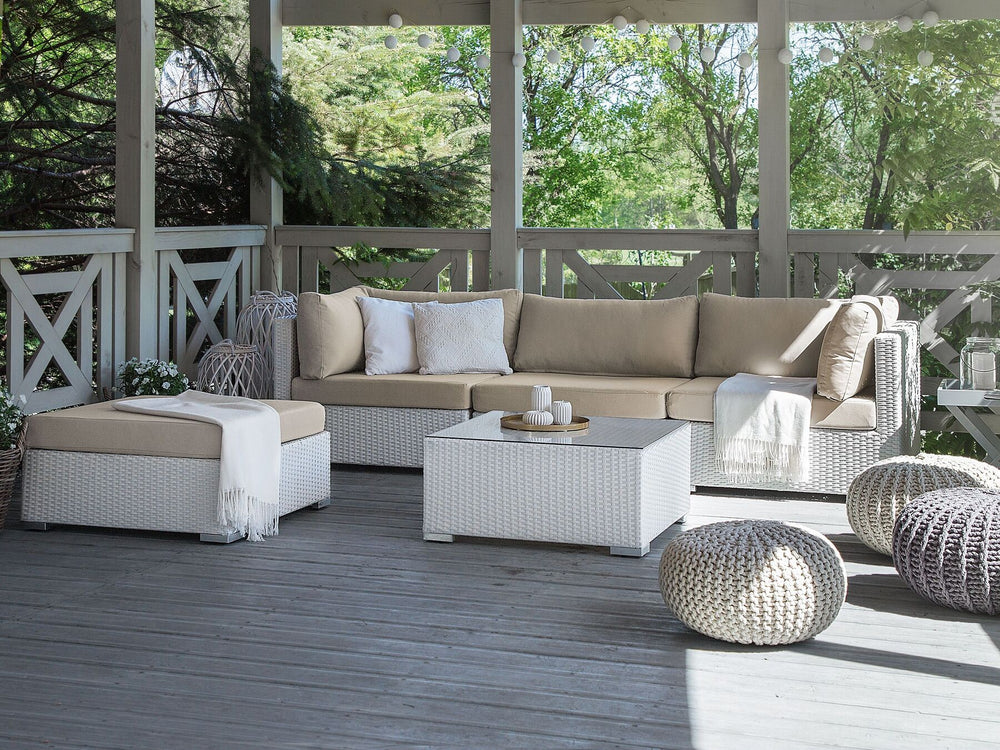 Sano Garden Corner Sofa with Table 4 Seater Right Hand Modular PE Rattan White