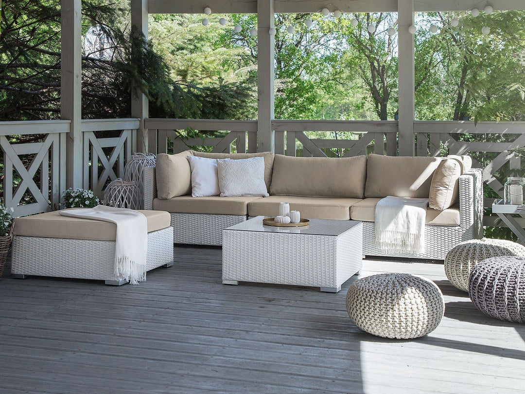 Sano Garden Corner Sofa with Table 4 Seater Right Hand Modular PE Rattan White