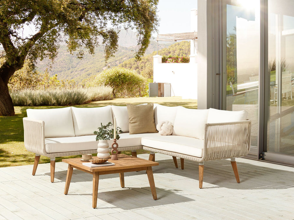 Alcamo Garden Corner Sofa with Table 5 Seater Left Hand Acacia Wood Beige