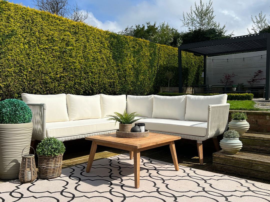 Alcamo Garden Corner Sofa with Table 5 Seater Left Hand Acacia Wood Beige
