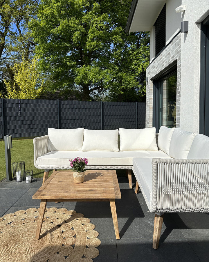 Alcamo Garden Corner Sofa with Table 5 Seater Left Hand Acacia Wood Beige