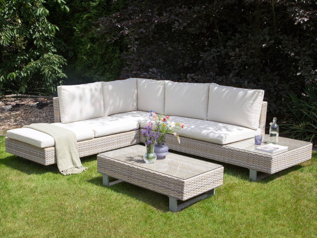 Lanciano Garden Corner Sofa with Table 5 Seater Right Hand PE Rattan Off-White