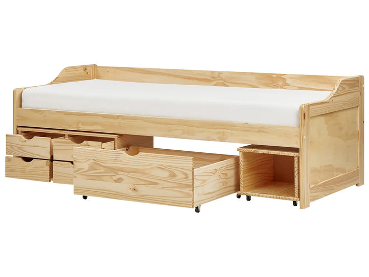 Wooden bed with storage drawers and a white mattress on a white background