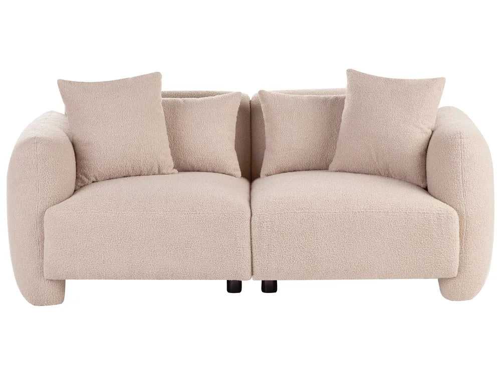 A modern two-seater sofa in a textured bouclé fabric, upholstered in a light beige color, featuring four matching throw pillows and small black legs, shown against a plain white background.