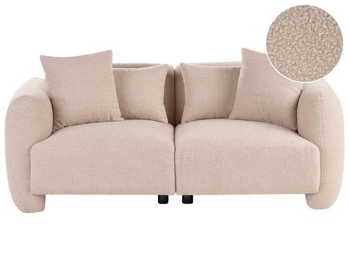 A light beige bouclé two-seater sofa with four matching throw pillows, shown against a plain white background with a circular fabric texture inset in the top right corner.