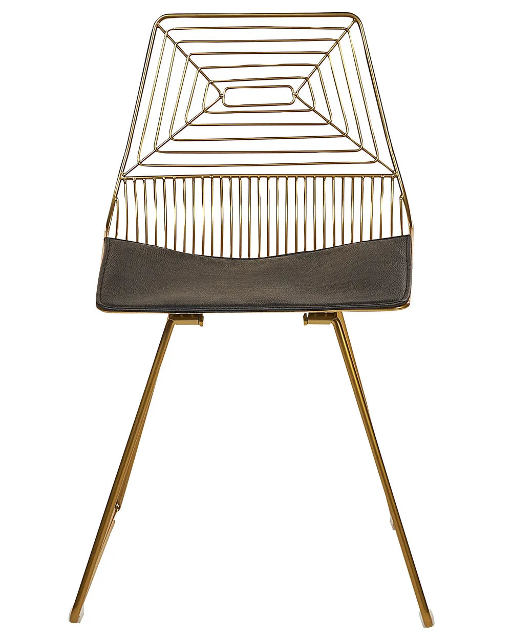 Chair with gold wireframe design and black seat on a white background