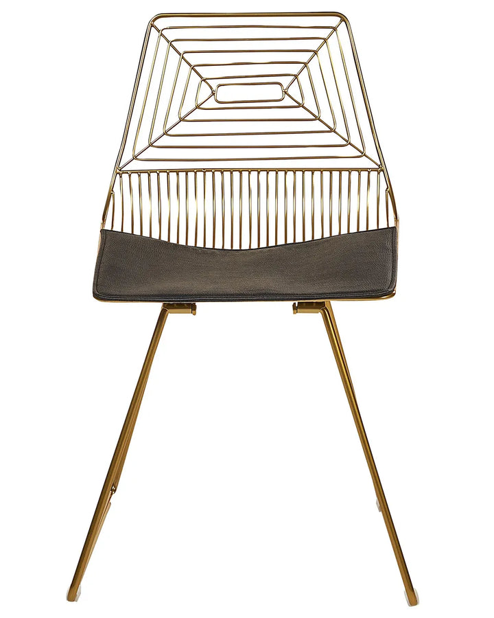 Chair with gold wireframe design and black seat on a white background