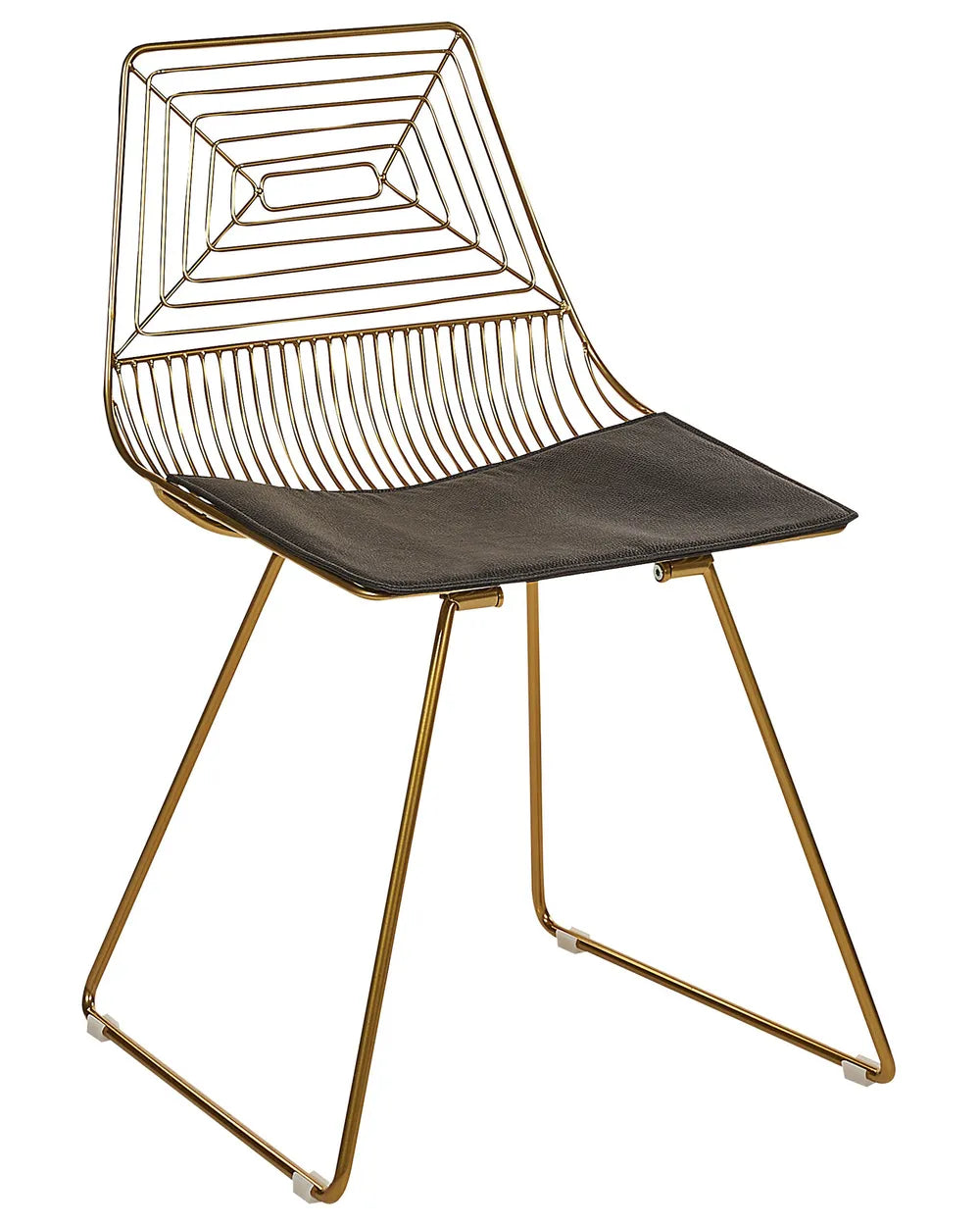 A modern wireframe dining chair with a gold metal frame and a dark gray upholstered seat, shown against a plain white background.