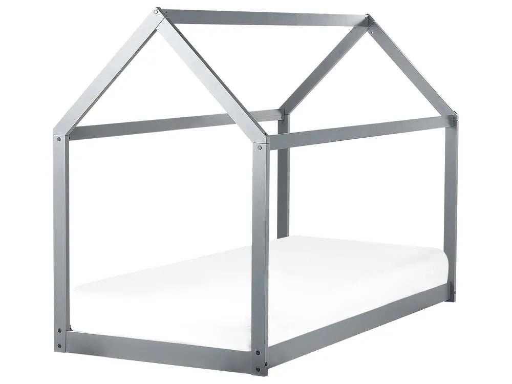 Gray house-shaped bed frame on a white background