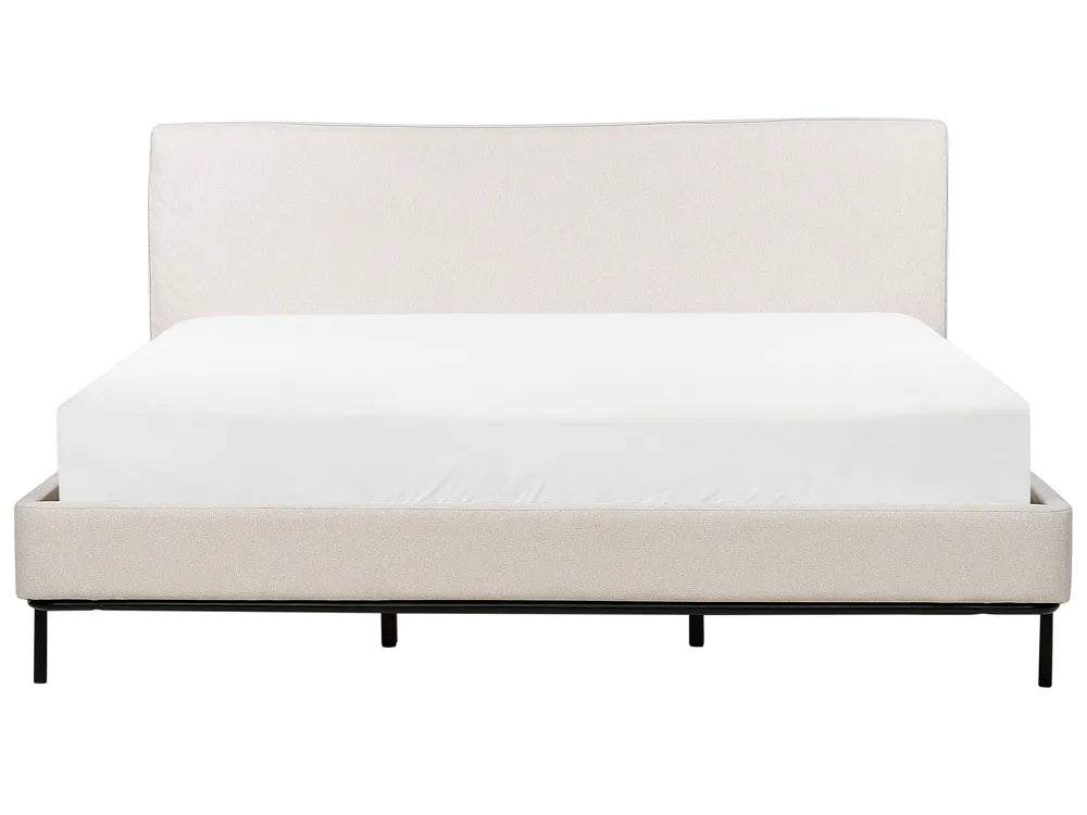 Beige bed frame with white mattress on a white background