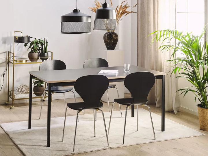 Dining room with a table and chairs, plants, and decorative items.