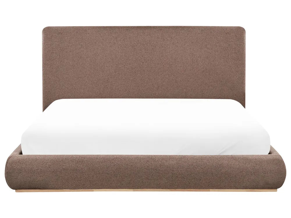 Brown upholstered bed with white mattress on a white background