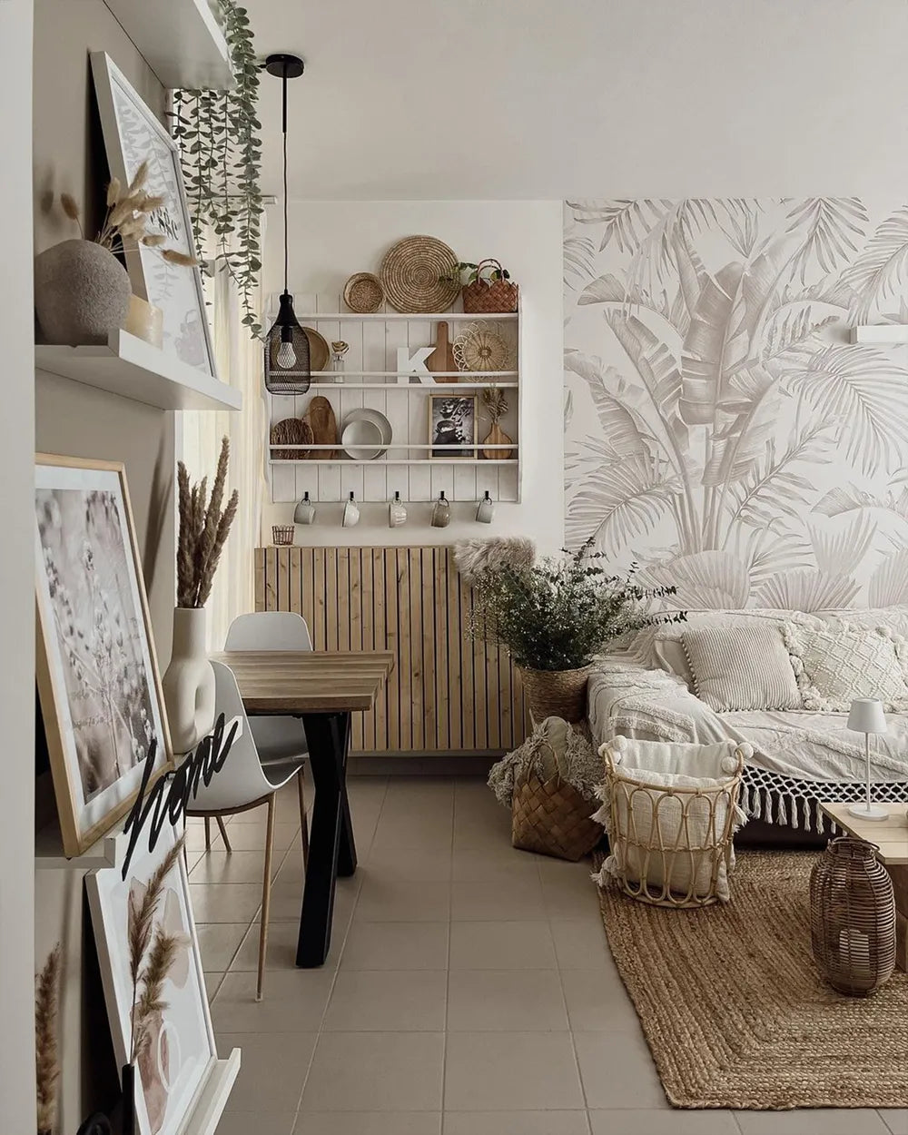Modern living room with tropical wall art and decor