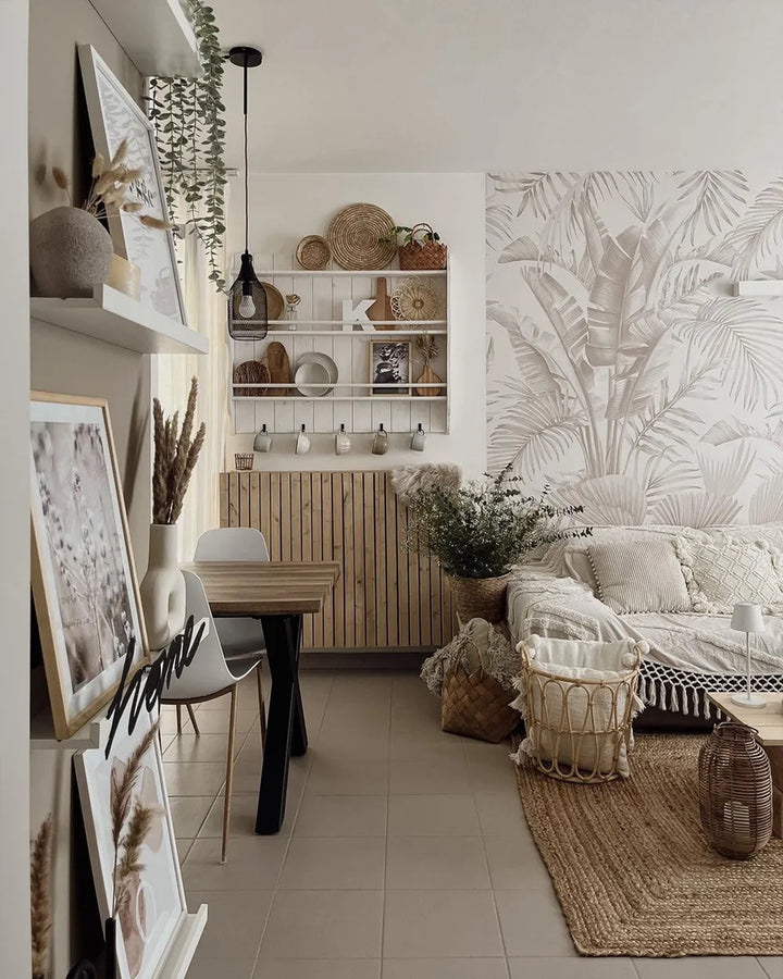 Modern living room with tropical wall art and decor