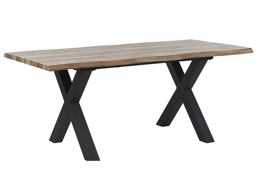 Wooden table with black metal legs on a white background