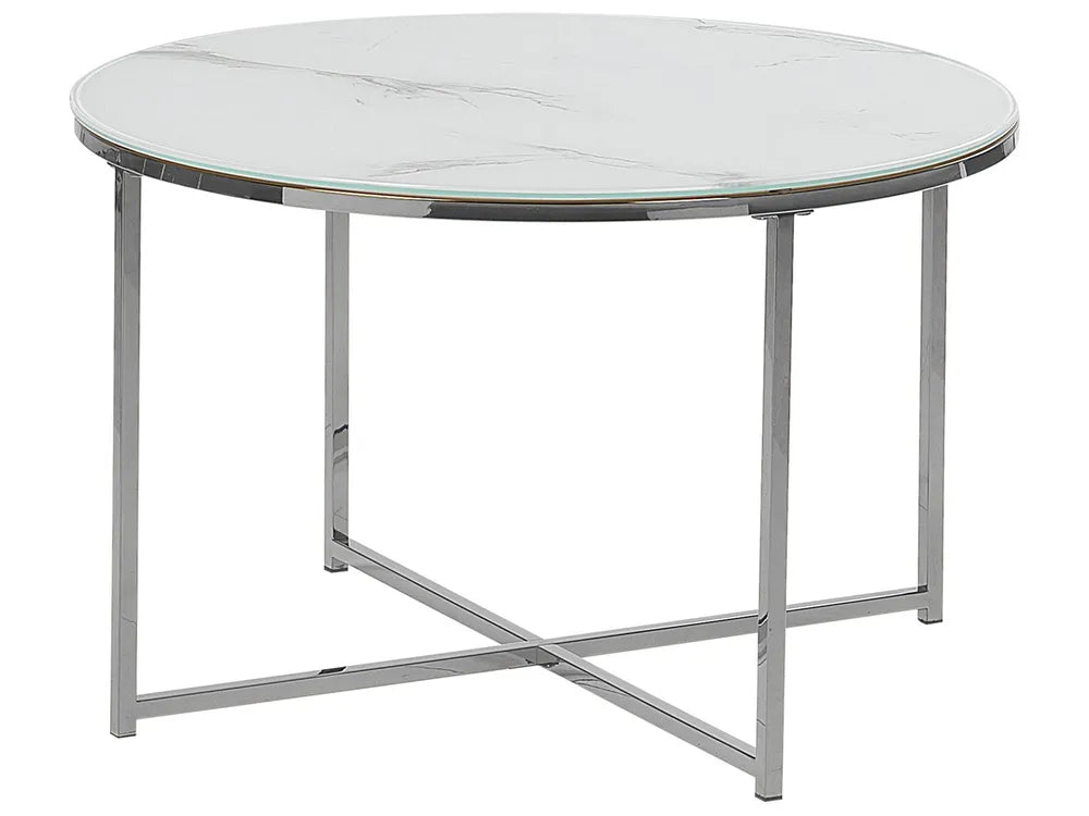 Round glass table with metal frame on a white background