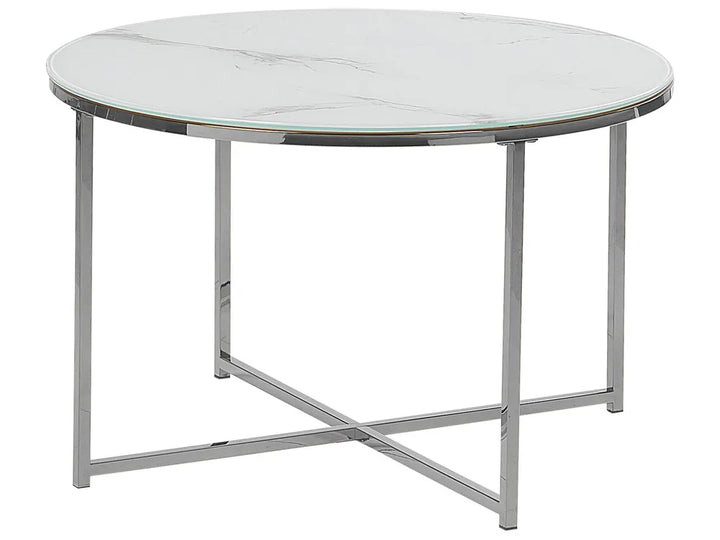 Round glass table with metal frame on a white background