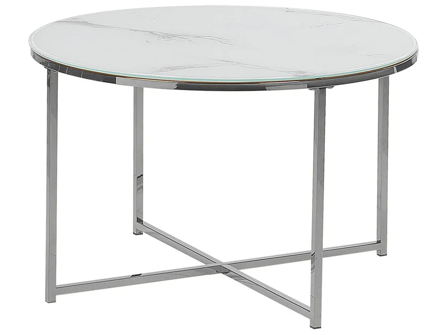 Round glass table with metal frame on a white background