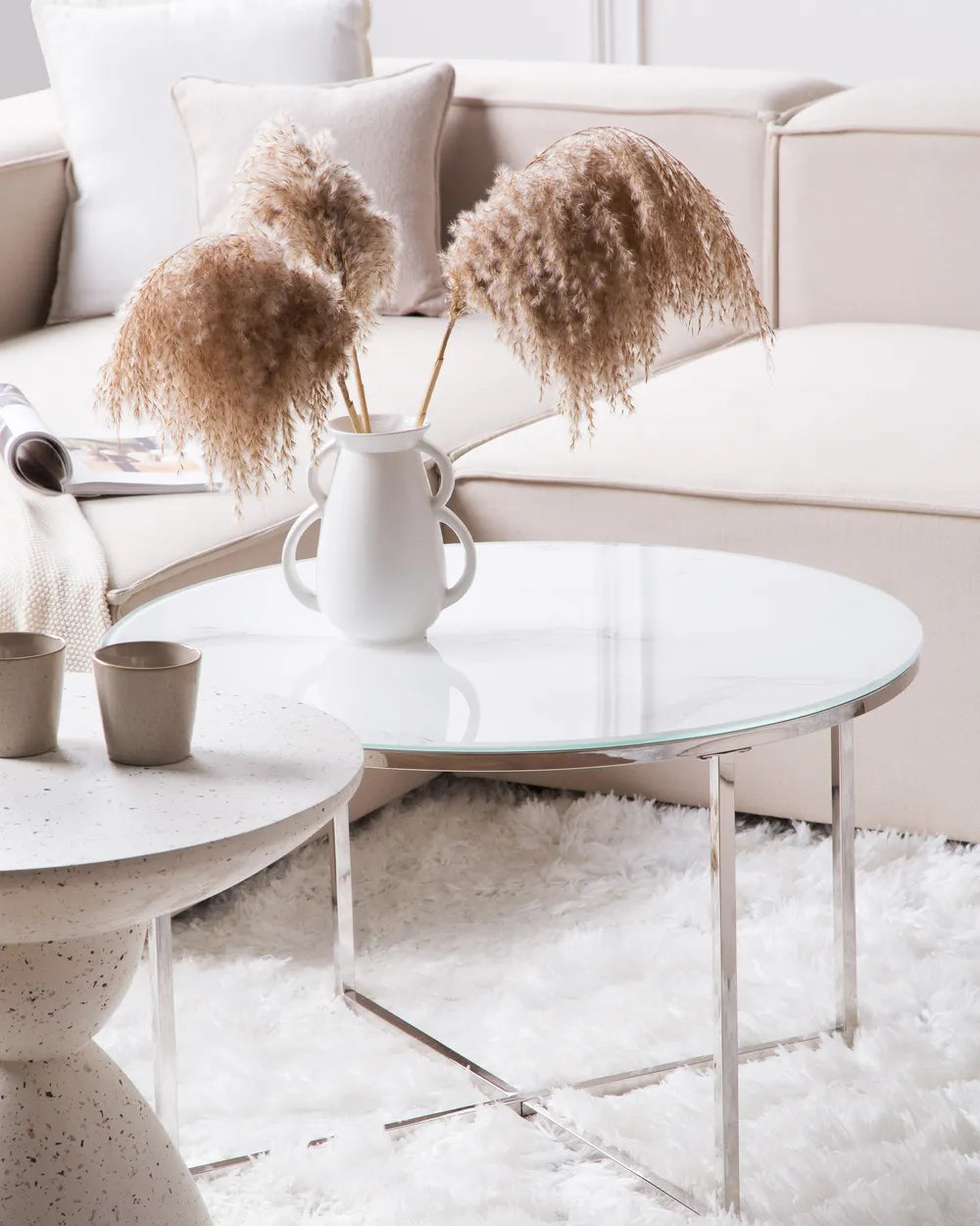 Coffee Table Tempered Glass Marble/ Silver Desari