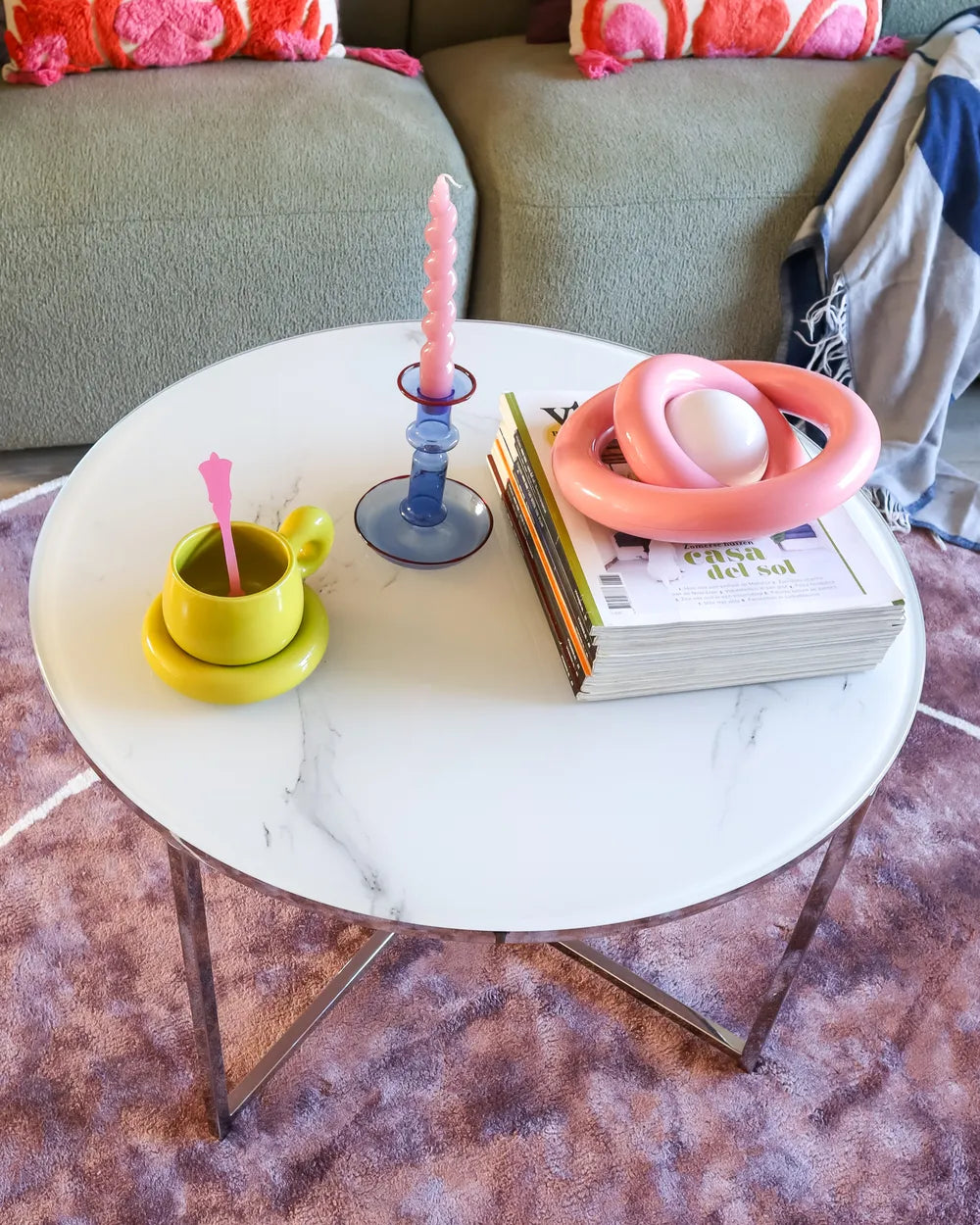 Coffee Table Tempered Glass Marble/ Silver Desari
