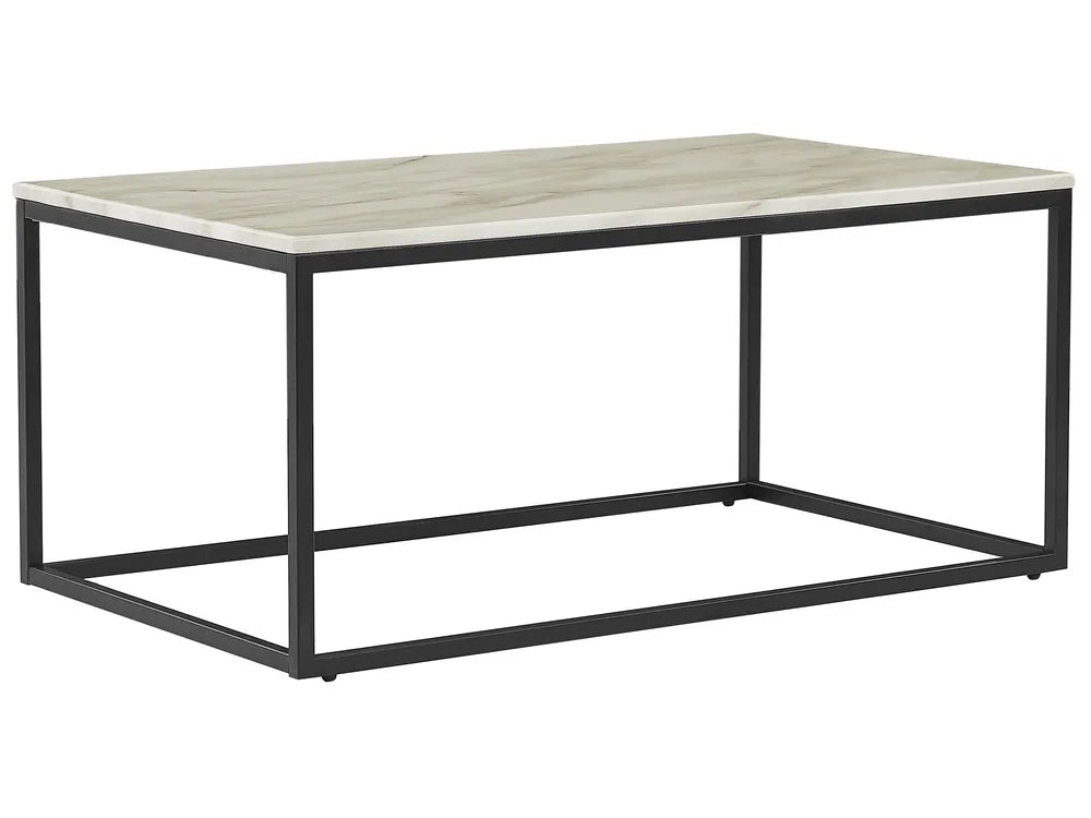 Rectangular table with a light-colored top and black metal frame on a white background