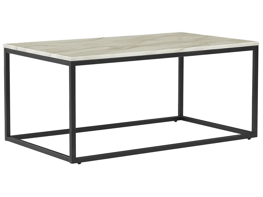 Rectangular table with a light-colored top and black metal frame on a white background