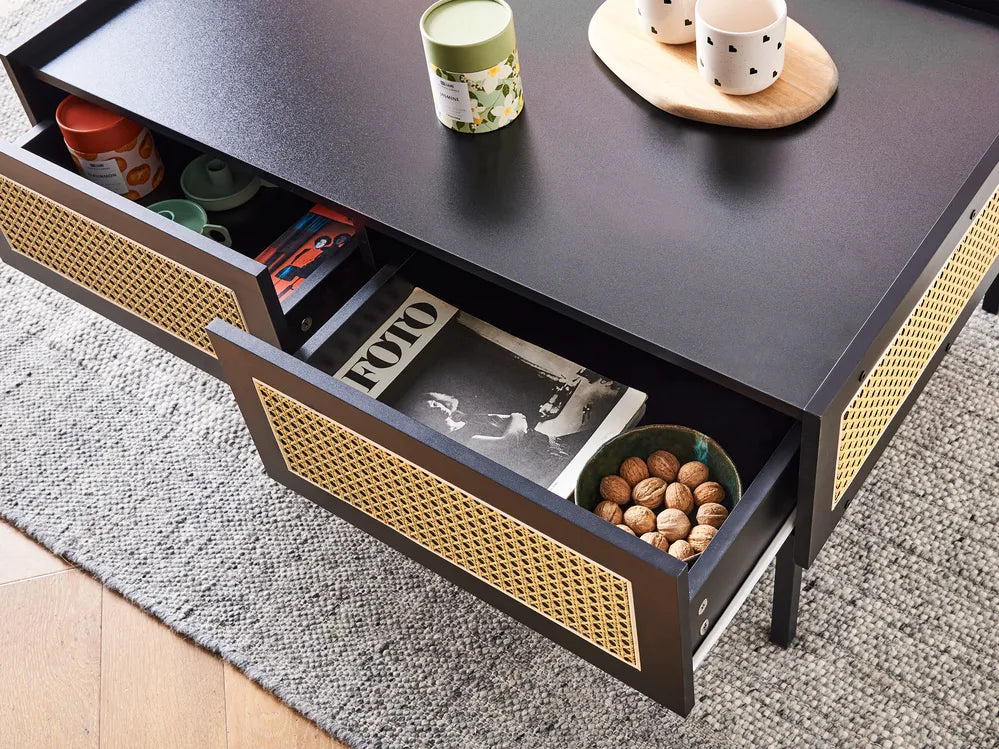 Coffee Table Rattan Black with Storage Rienna