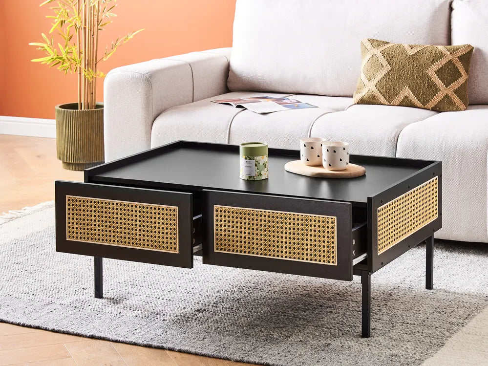 Coffee table with wicker doors in a living room setting
