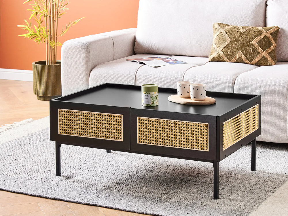 Coffee table with wicker design in a living room setting