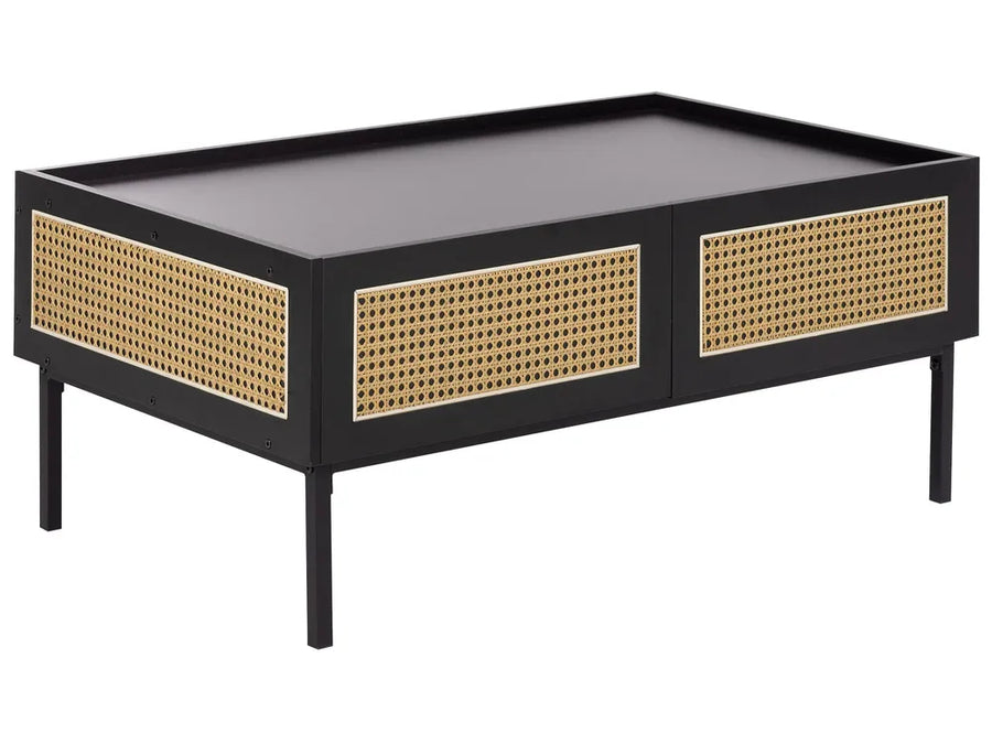 Black coffee table with woven side panels on a white background