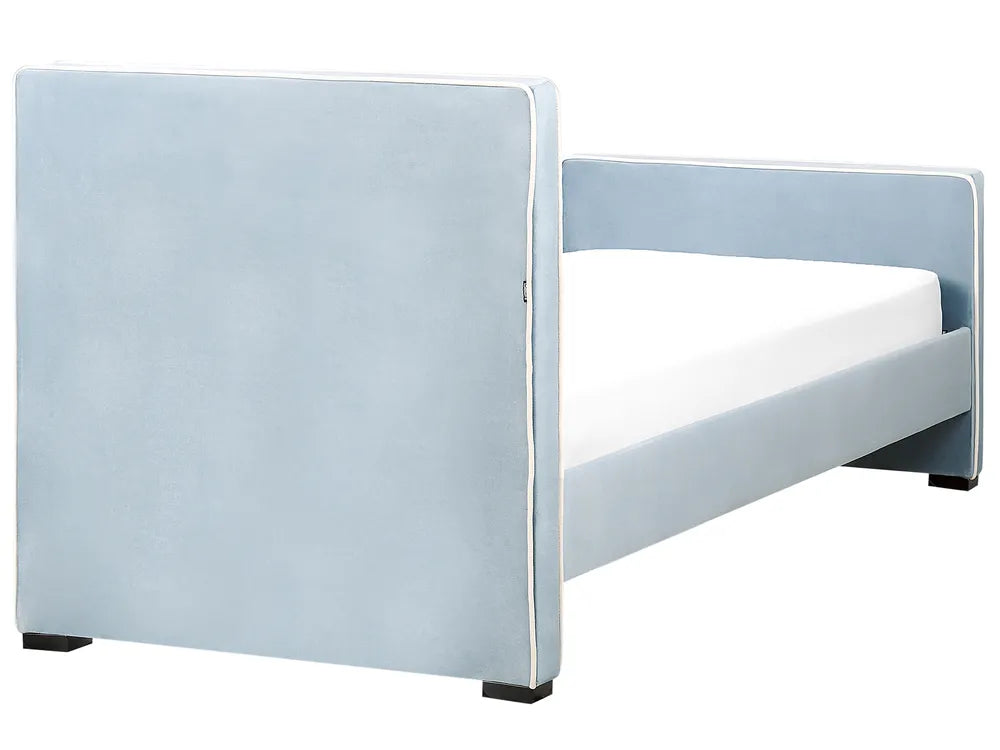 Modern bed with light blue headboard and footboard on a white background