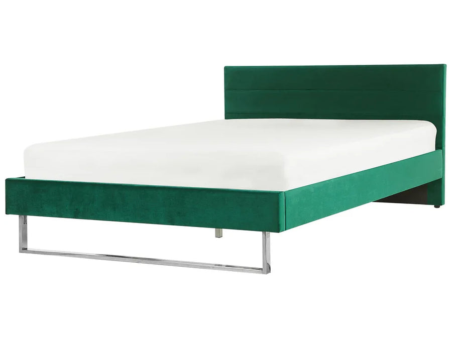 Green bed frame with white mattress on a white background