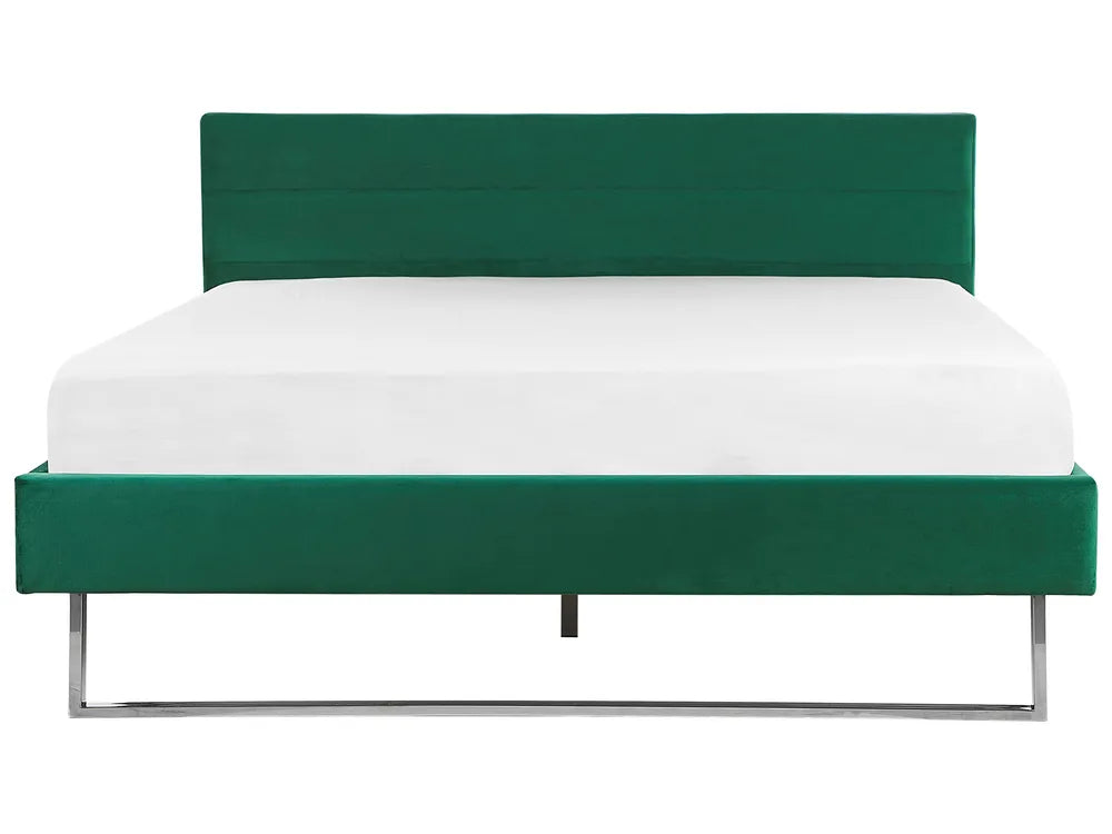 Green bed frame with white mattress on a white background