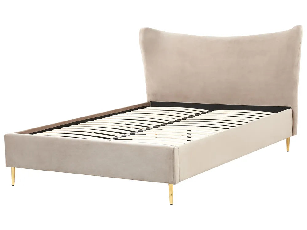 Beige upholstered bed with a headboard on a white background