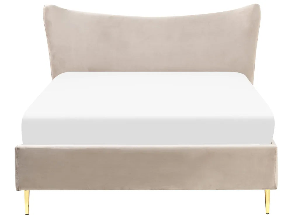 Beige bed frame with white mattress on a white background