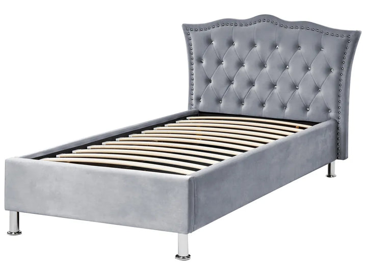 Upholstered kids bed with nailhead trim and slatted base