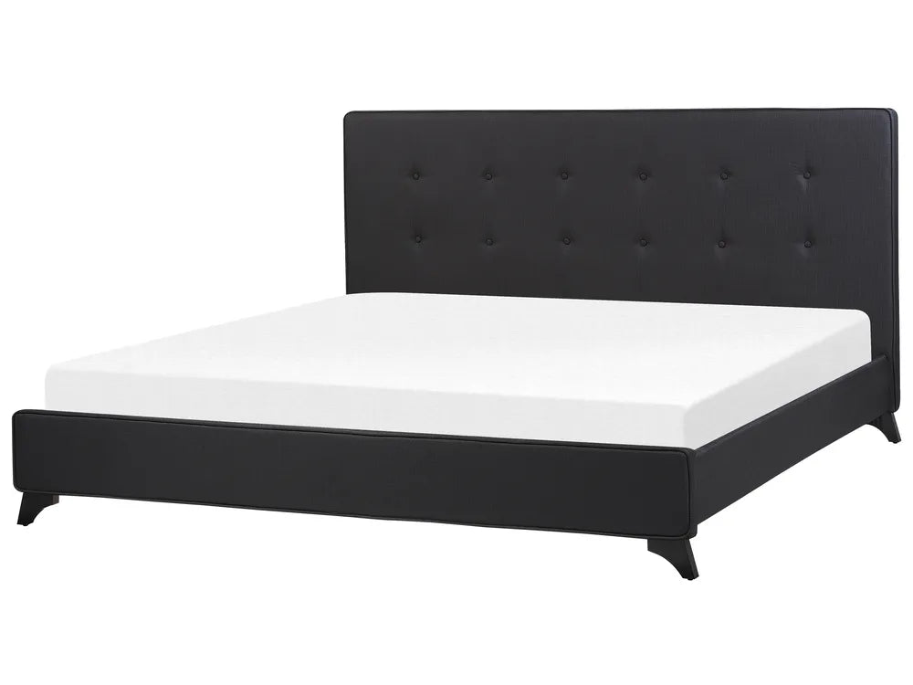 Black fabric super king bed with tufted headboard