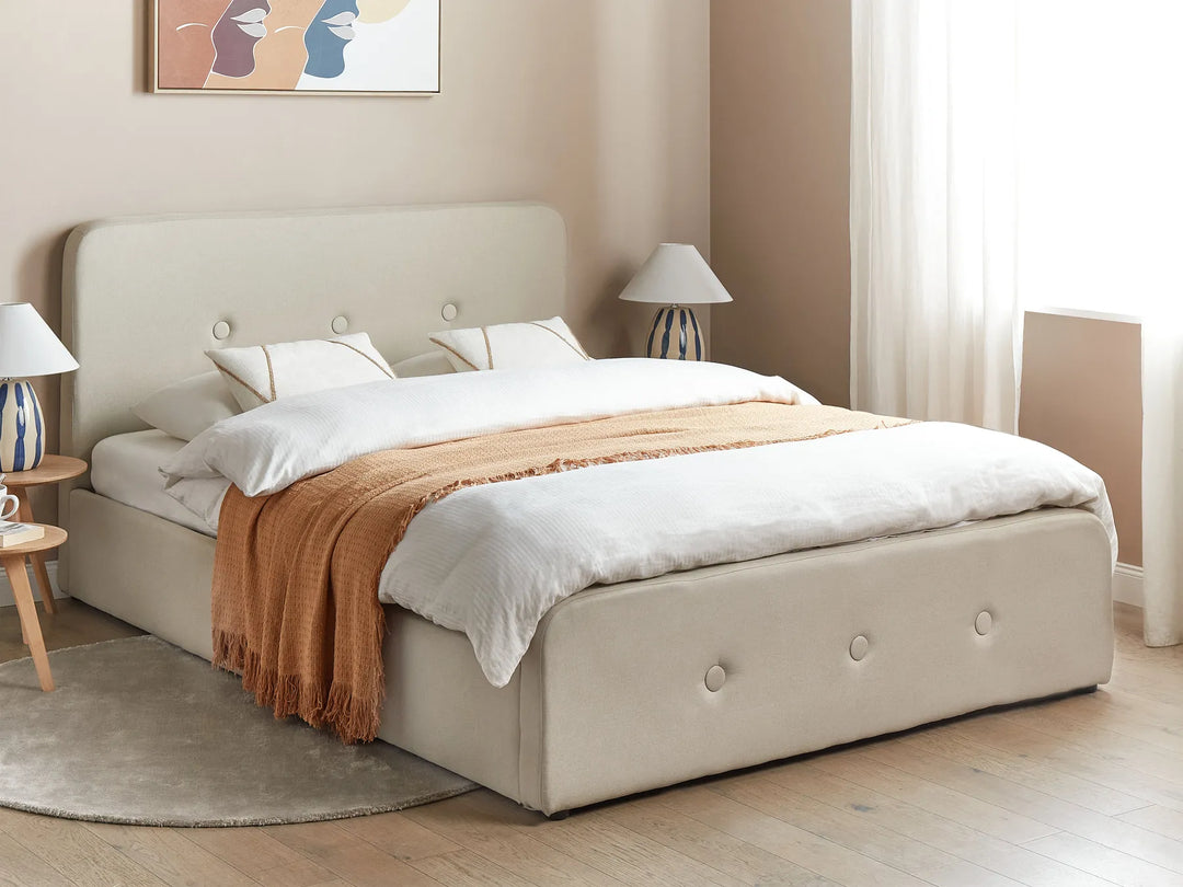 Upholstered bed with tufted headboard and lift-up base
