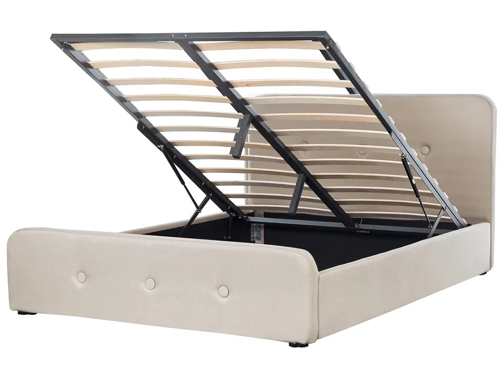 Modern beige storage bed with soft fabric finish